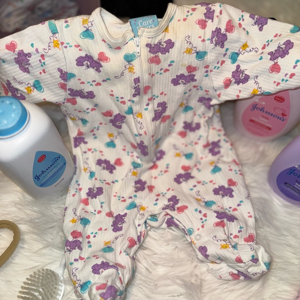 Vintage Care Bears White Footed One-Piece with Purple & Teal Prints